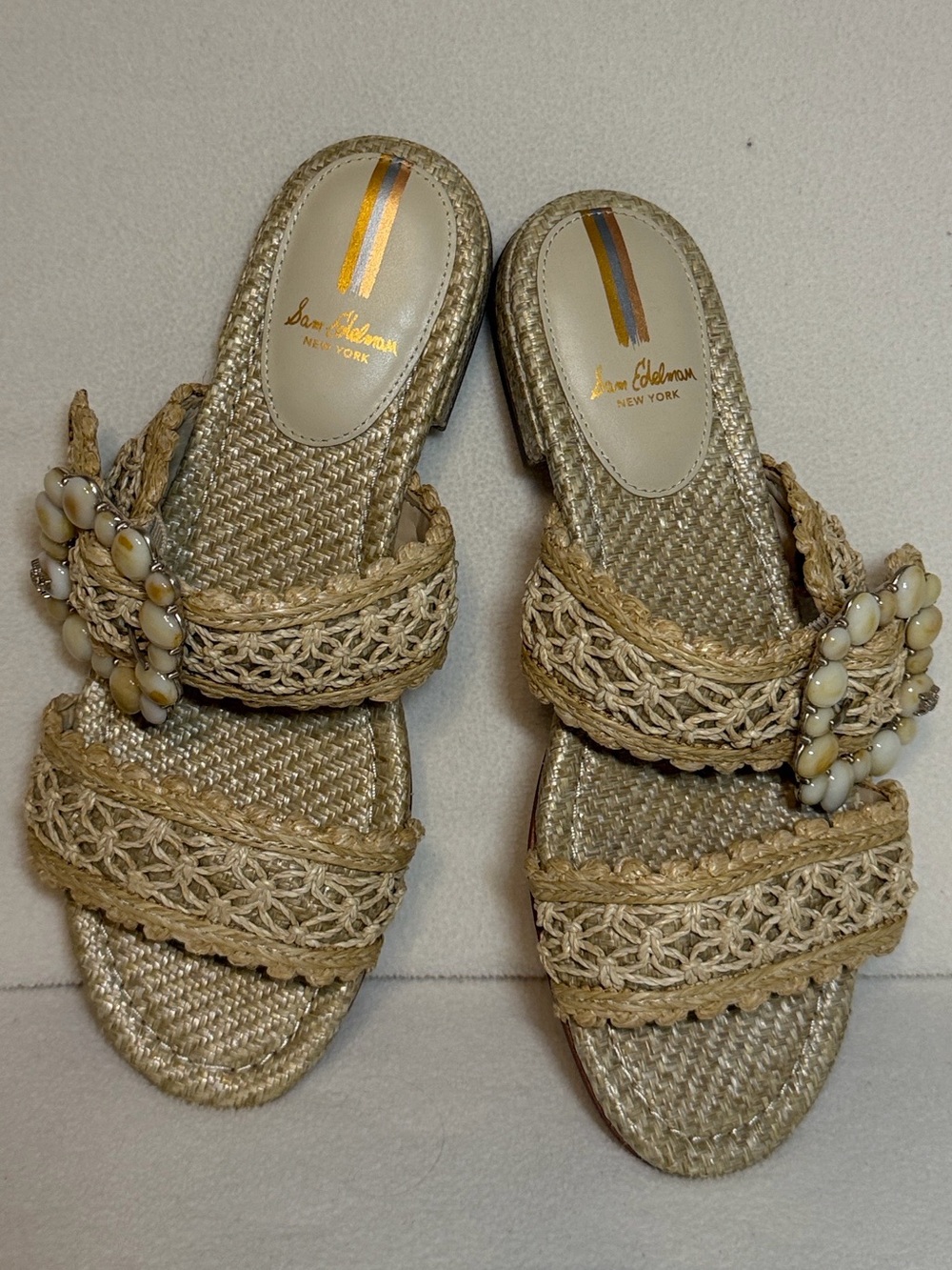 Sam Edelman Beige Straw Weave Slide Sandals with Bead Cluster